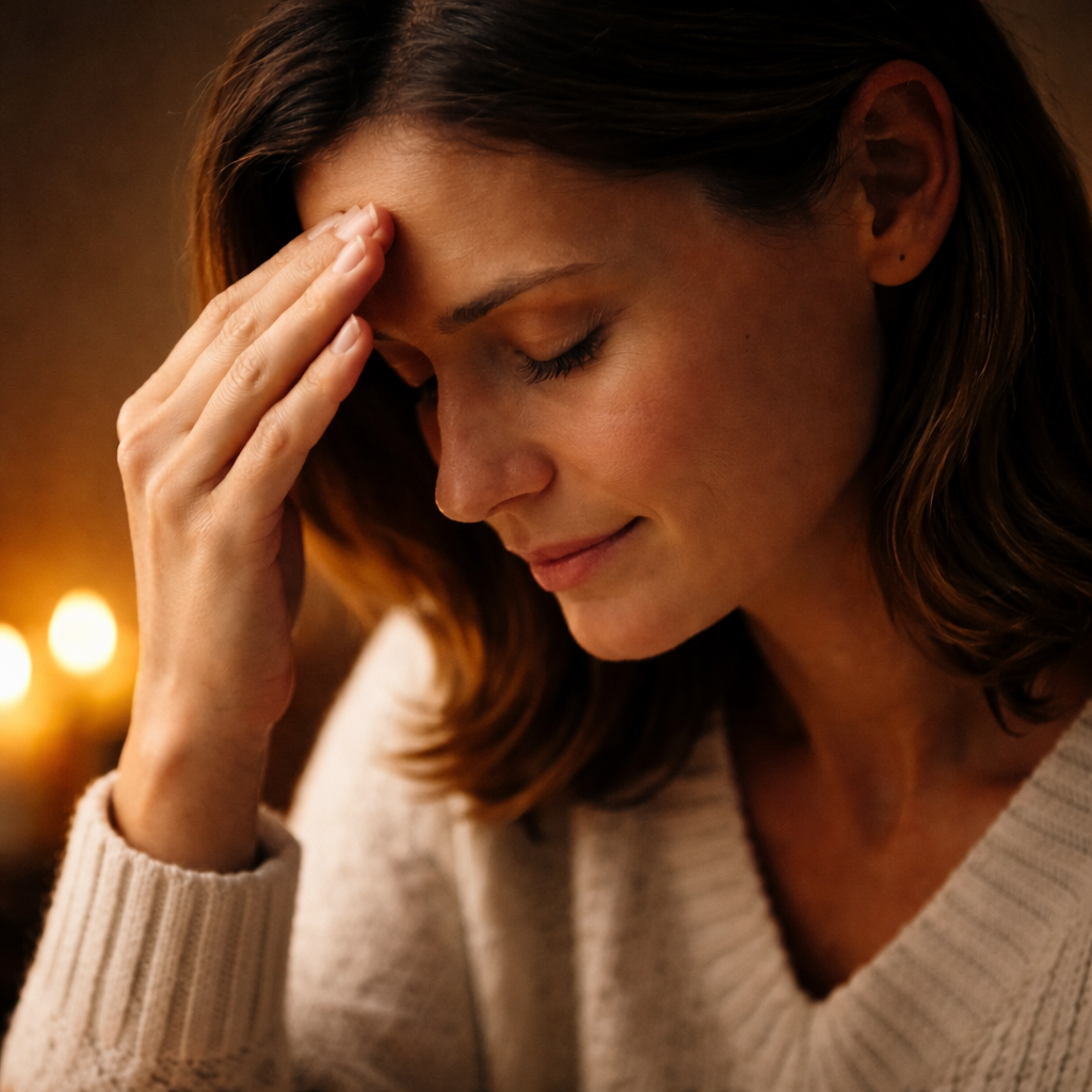 Woman blessing herself by doing the sign of the cross